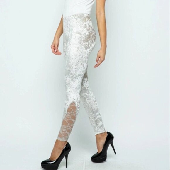 Boutique Pants - Vocal Women's Velvet Lace Leggings - Silver Taupe